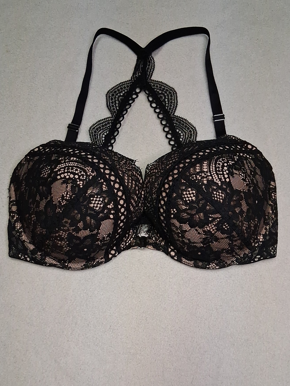 Victoria's Secret Black Lace Balconette Bra with Nude Lining and Racerback